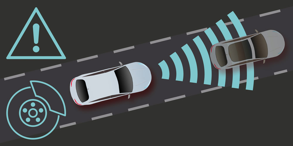 Graphic showing autonomous emergency braking or forward collision mitigation