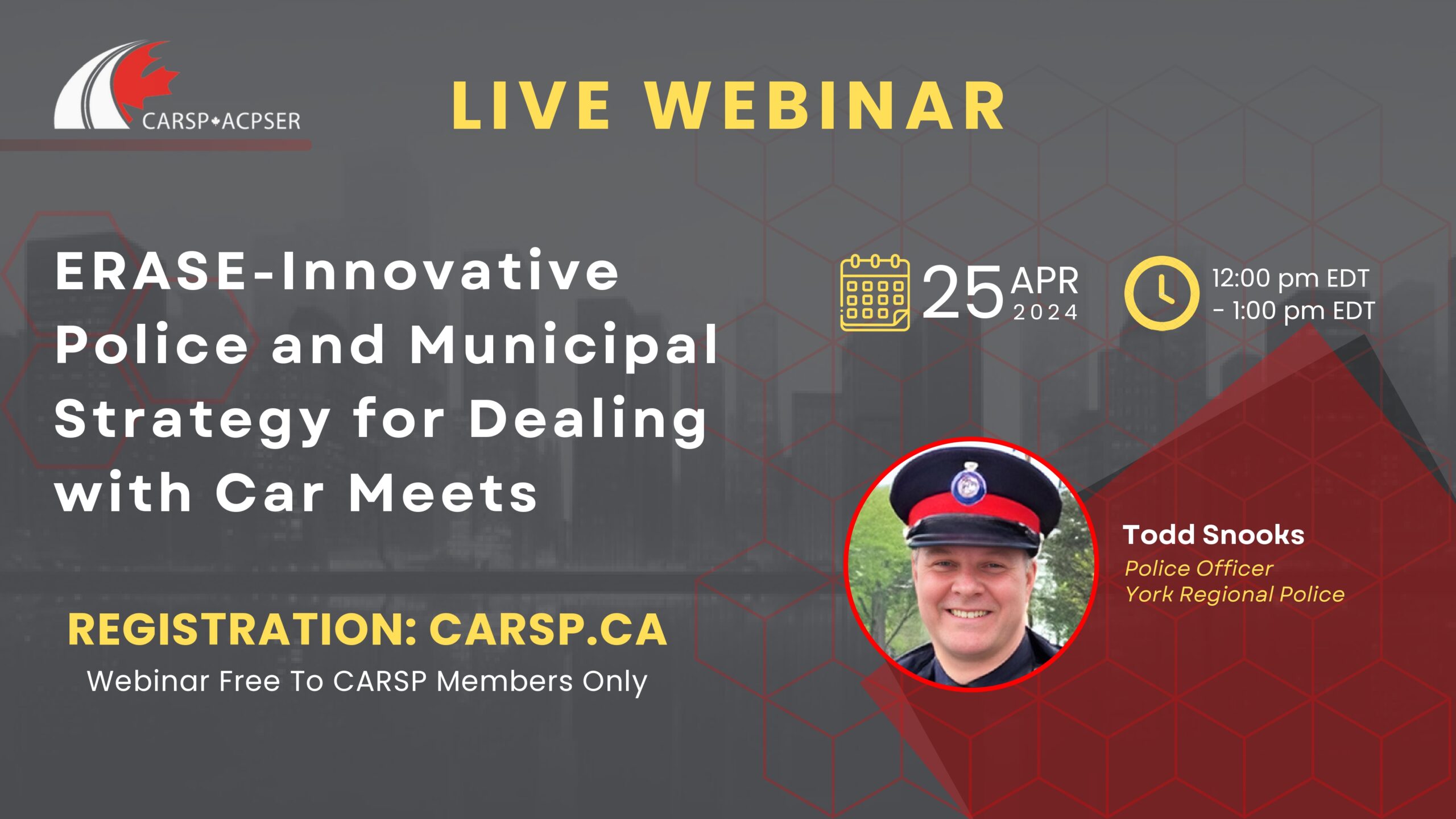 Banner image for webinar including the title, date, and speaker images and names: White and yellow text on a grey background with CARSP logo in the top left hand side. 
