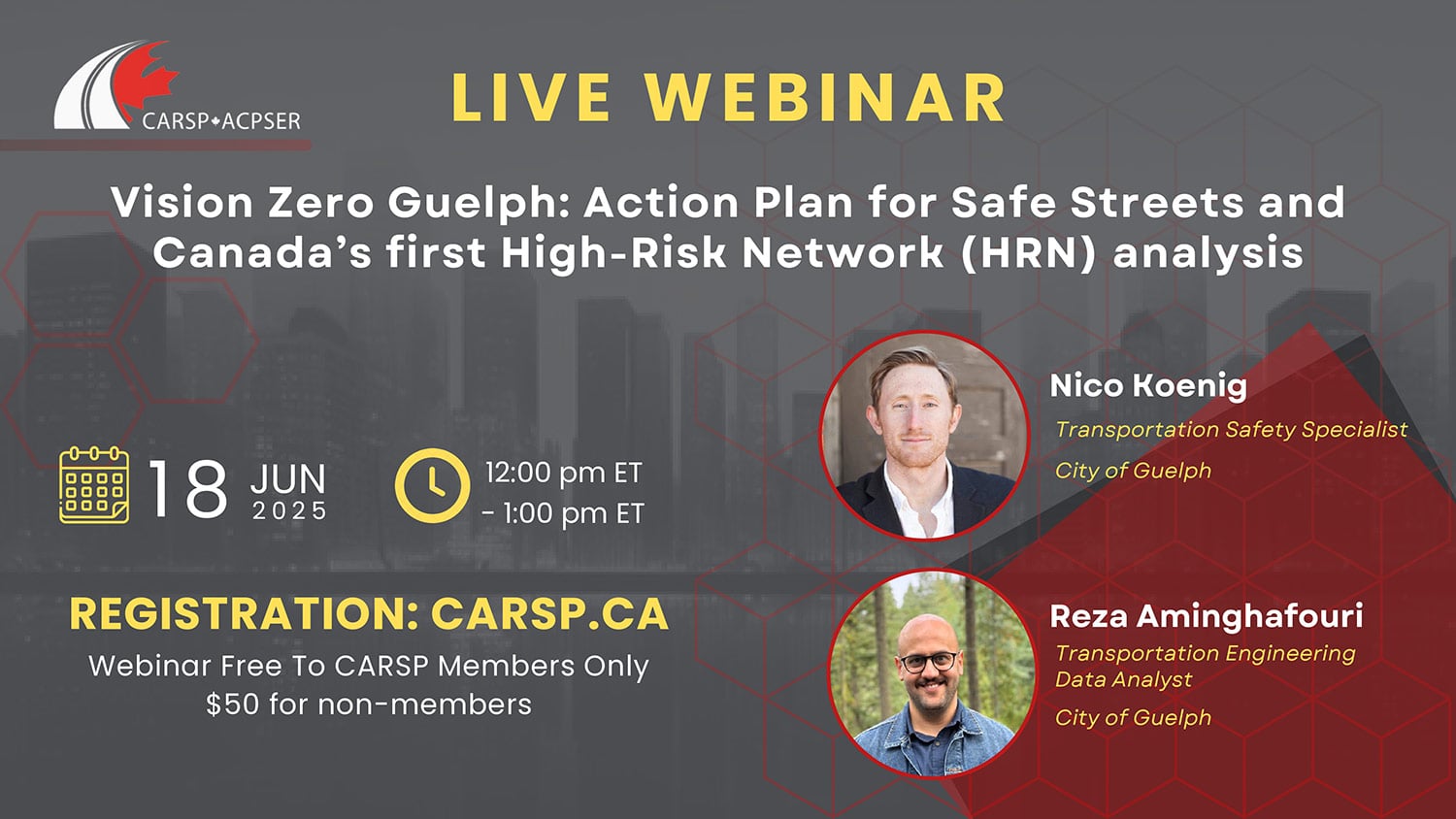Banner image for webinar including the title, date, and speaker images and names: White and yellow text on a grey background with CARSP logo in the top left-hand side. 
